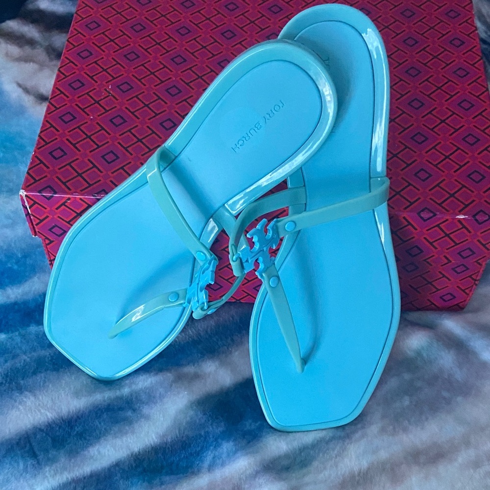 Tory Burch Turquoise Logo T-Strap Sandals - Picture 2 of 5
